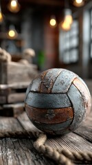 Vintage volleyball resting on wooden surface in rustic interior with warm lighting