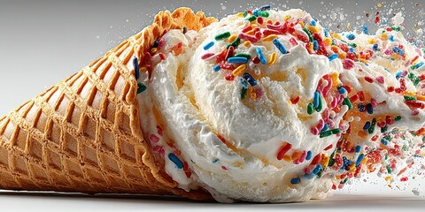 Delicious ice cream cone topped with colorful sprinkles on a sunny day in the park