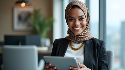 Smiling young Arab woman in a hijab holding a tablet in a modern office setting.