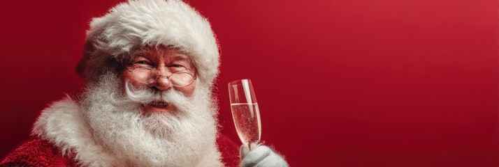 Santa Claus celebrates with champagne in a festive red setting during the holiday season