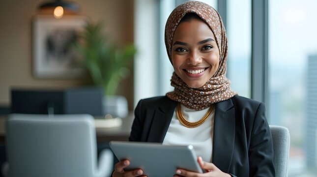 Smiling young Arab woman in a hijab holding a tablet in a modern office setting.