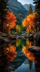 Autumn colors reflect on still water in a serene mountain landscape during late afternoon