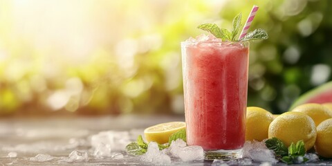 Refreshing summer drink garnished with mint and lemon on a sunny day surrounded by ice