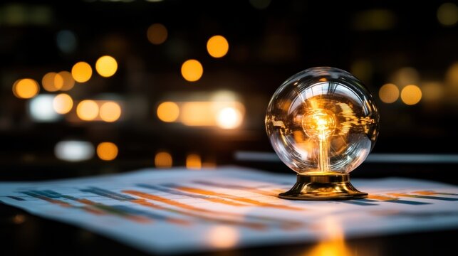 Illuminated Crystal Ball on Financial Charts with Bokeh Background