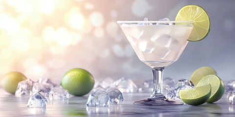 Refreshing cocktail with lime and ice garnished on a table with citrus fruits during a sunny day