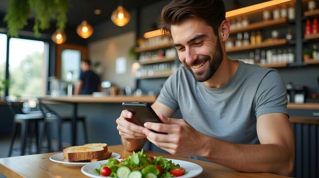 A smiling young Caucasian male enjoying a healthy meal while browsing on his smartphone at a cozy cafe.
