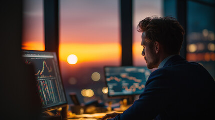 A sharp-looking male financial analyst in his late 20s is sitting at a sleek glass desk in a high-rise office, analyzing graphs and stock trends on dual monitors