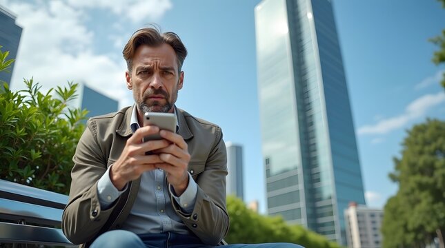 A pensive middle-aged Caucasian man sitting outdoors, focused on his smartphone amid modern skyscrapers.