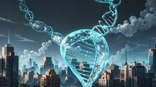 4k High Definition D N A Helix Cityscape Animation Futuristic Genetic Engineering Science Technology Medical Research Abstract Background Loop Seamless Motion Graphics Full H D