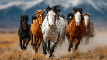 Majestic horses galloping across a vast landscape with mountains in the background during the golden hour of dusk