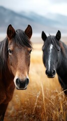 Horses standing in a golden field under cloudy skies near a mountainous region during the afternoon