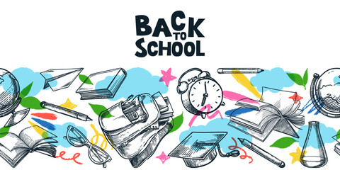 Seamless horizontal background with school supplies. Back to school vector illustration. Learning and education concept
