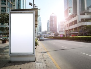 Empty White Blank Billboard Display In Urban City Setting For Advertising