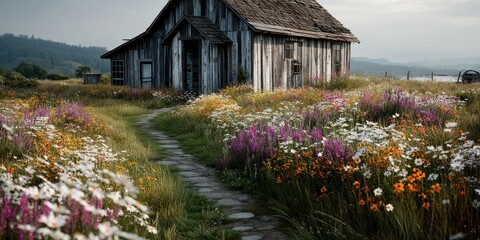 Rustic wooden cabin surrounded by vibrant wildflowers in a serene landscape during early morning light