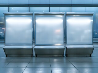 Three empty advertising panels against a modern building.