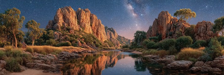 Starlit landscape over serene river with rugged rocks and lush vegetation at twilight in a remote natural setting