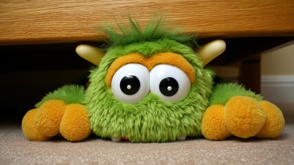 Cute green furry monster hiding under the bed