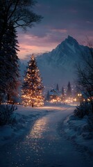 Winter landscape with a decorated tree and cozy homes in a snowy mountain setting during twilight