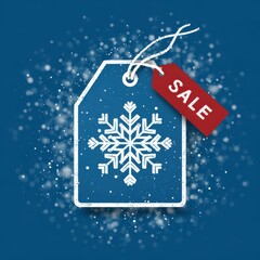 Promotional sale tag design featuring a snowflake on a blue background with festive elements