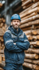 Skilled worker posing confidently at a lumber yard during the daylight hours