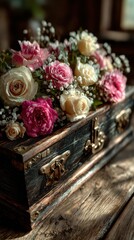 Floral arrangement of pink and cream roses in a vintage wooden box on a rustic table during soft morning light