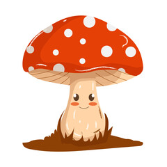 A cute baby illustration of a baby fly with a smile and eyes. Vector, hand drawn, isolated on white background. Mushroom with red cap and white dots