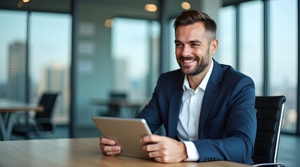 A smiling Caucasian man in a business suit, engaged with a tablet in a modern office setting.
