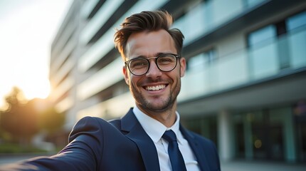 Fototapeta premium Enthusiastic young Caucasian man in a suit smiling outdoors during sunset.