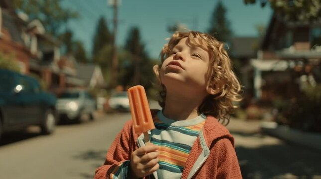 Sunny suburban street features child enjoying colorful popsicle during warm afternoon