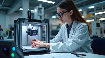 A young Caucasian woman in a lab coat operates a 3D printer, focusing intently in a modern laboratory setting.