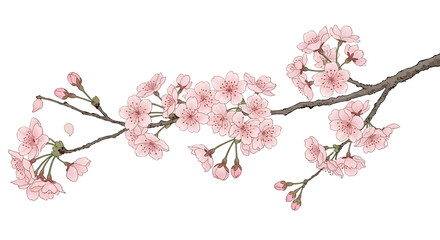 Obraz premium Illustration shows Cherry Blossoms Branch with Pink Petals and Buds on Transparent Background