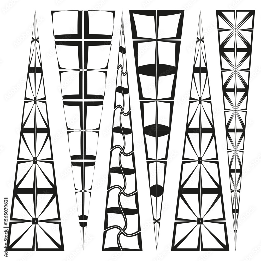Poster abstract tower structures. geometric vertical elements. architectural line forms. vector building il