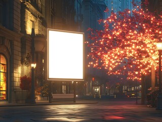 Empty billboard on city street at night.