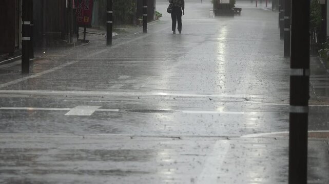 観光名所高山市の街並みと猛烈な雨の風景
