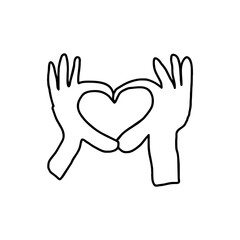 Obraz premium Two hands forming heart shape in black doodle line art. Minimalist love and unity gesture on transparent SVG. Symbol for Valentine’s Day, charity, relationships, or emotional expression.