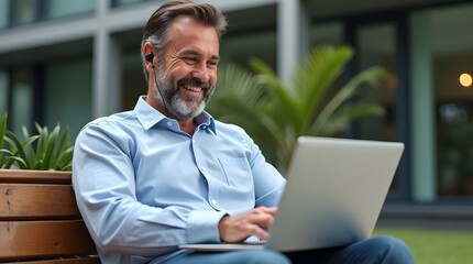Smiling middle-aged man with gray hair enjoying work on a laptop outdoors, wearing headphones amidst green plants.