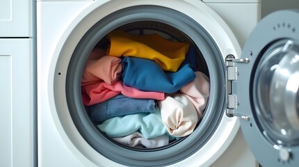 A vibrant assortment of laundry in a washing machine, featuring colorful fabrics neatly piled inside.