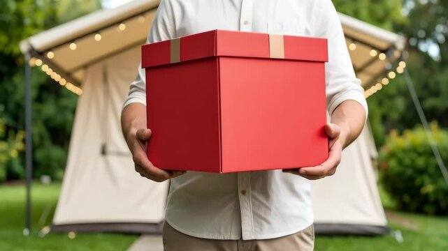 Man carrying a large red gift box toward a backyard glamping tent with string lights, creating a surprise gift delivery concept outdoors
