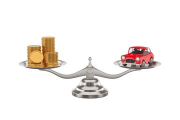 Car and money on scale on white background. Isolated 3D illustration