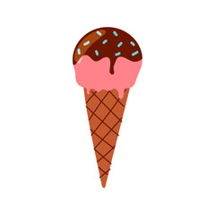 Colorful ice cream cone with chocolate and strawberry flavors, perfect summer treat enjoyed by many at parks and beaches