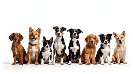 Obraz premium A joyful lineup of eight dogs, showcasing a variety of breeds and colors, all sitting and smiling together against a white background.