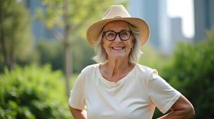 Happy senior woman in a straw hat, enjoying a sunny day in the park with greenery in the background.