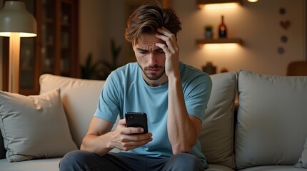 A young Caucasian man sits on a couch, looking stressed while checking his smartphone in a cozy indoor setting.