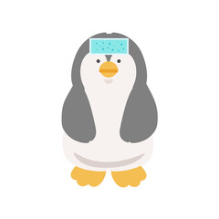 冷却シートをおでこに貼るペンギン　熱中症対策　イラスト
