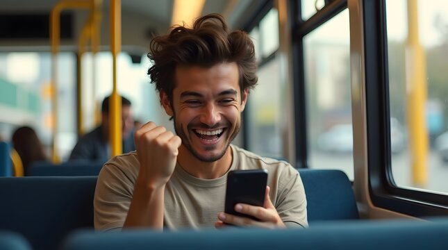 Young Hispanic man joyfully celebrates on a bus after receiving good news on his smartphone.
