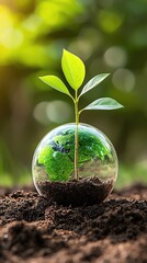 Growing seedling on green globe representing forest conservation