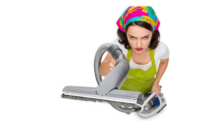 Vacuum cleaner cleaning close-up, a woman wearing headscarf and apron using modern vacuum with brush attachment for efficient home maintenance and household chores, top view photograph, serious face
