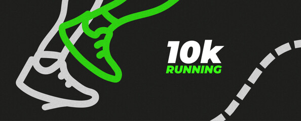 Editable horizontal running banner with bold outline sport shoe and abstract background in retro vector style