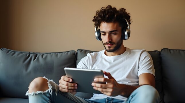 Young man with curly hair in headphones enjoying music on a tablet in a cozy living room.