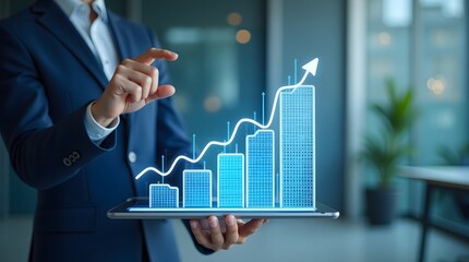 A male business professional in a suit gestures towards a digital growth chart on a tablet, symbolizing financial success and analysis.
